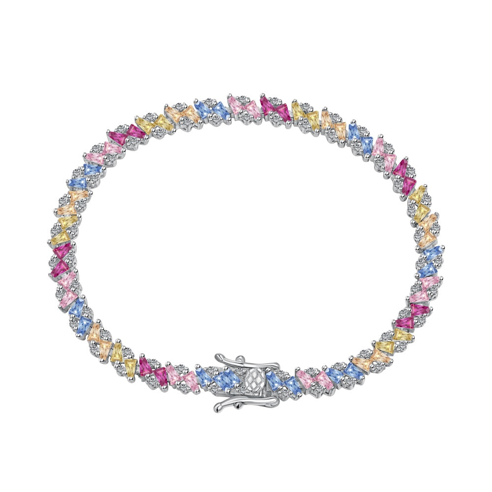 Women's Delicate Bracelet, Multicolor Baguette Zirconia Arranged Inlay, S925 with White Gold Plating