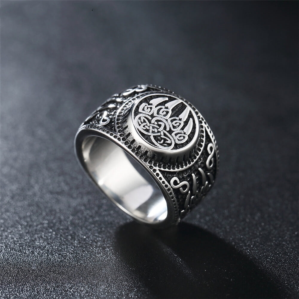 Vintage Nordic Solid Stainless Steel Celtic Rune Bear Claw Ring for Men