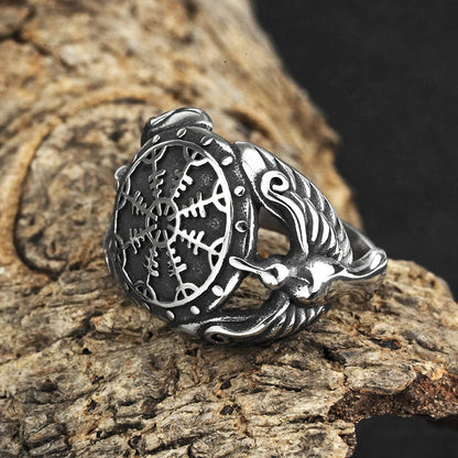 Vintage Solid Stainless Steel Norse Viking Aegishjalmur Helm of Awe Raven Band Ring for Men