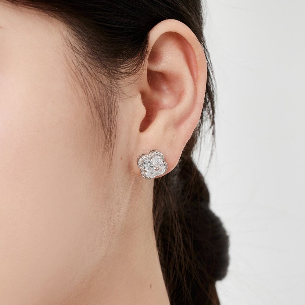 Women's Clover Stud Earrings, Cushion‑Cut Clear Zirconia Main Stone With Zirconia Halo, S925 with White Gold Plating