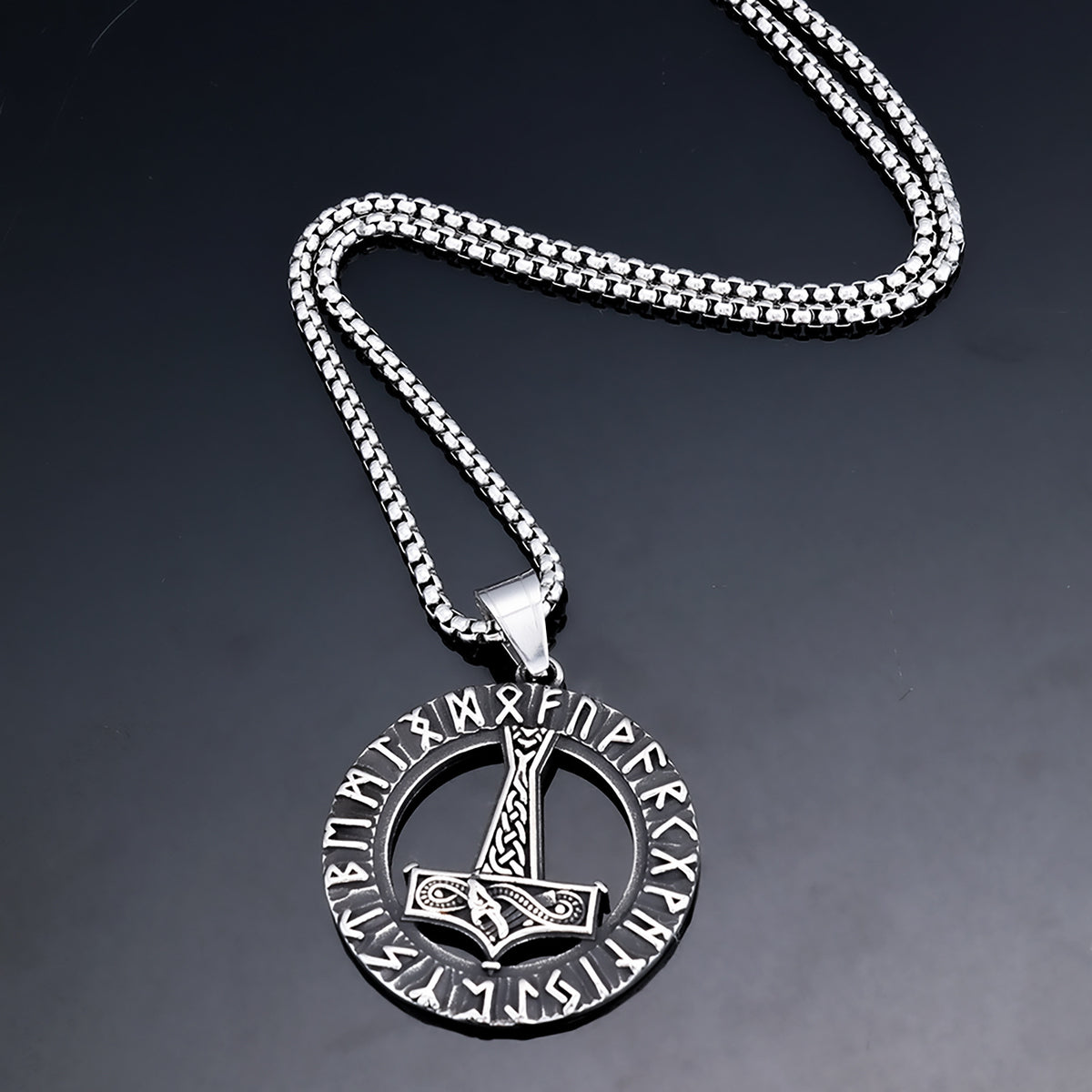 Men's Steel Viking Runes Mjolnir Round Pendant Necklace