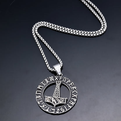 Men's Steel Viking Runes Mjolnir Round Pendant Necklace