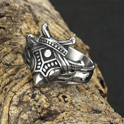 Vintage Solid Stainless Steel Nordic 3D Raven Mask Men's Ring With Viking Rune Wide Band