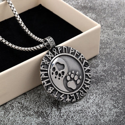 Vintage Stainless Steel Double Sided Viking Rune Bear Paw Print Pendant Necklace for Men