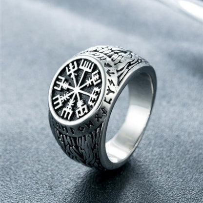 Vintage Solid Stainless Steel Viking Vegvisir Rune Band Ring for Men