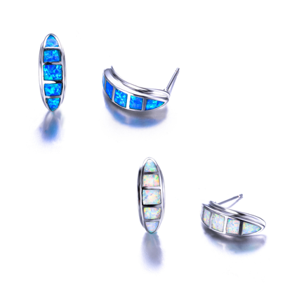 Women's Curved Grooved Stud Earrings, Blue Opal / White Opal