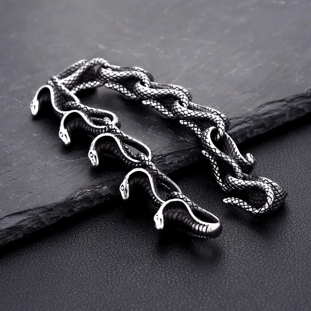 Men's Vintage 3D Snake Head Link Stainless Steel Open Cuff Bracelet, Antique Distressed Gothic Punk Hip‑Hop Fashion Jewelry Accessory