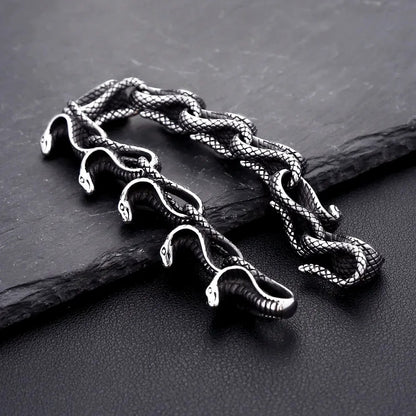 Men's Vintage 3D Snake Head Link Stainless Steel Open Cuff Bracelet, Antique Distressed Gothic Punk Hip‑Hop Fashion Jewelry Accessory