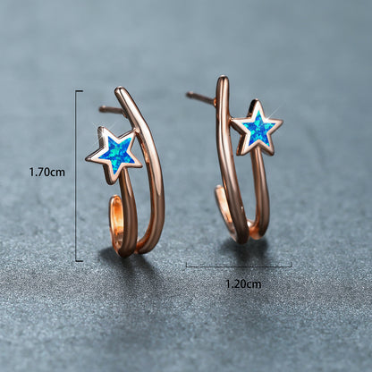 Women's Double‑Hoop C‑Shape Star Opal Hoop Earrings, with White Gold Plating / Rose Gold Plating