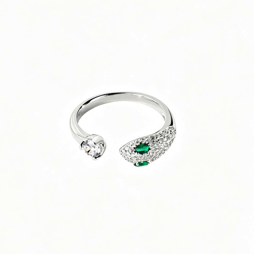Women's Adjustable Snake Head Fashion Ring, Round & Emerald‑Tone Zirconia, S925 with White Gold Plating