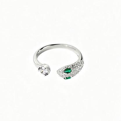 Women's Adjustable Snake Head Fashion Ring, Round & Emerald‑Tone Zirconia, S925 with White Gold Plating