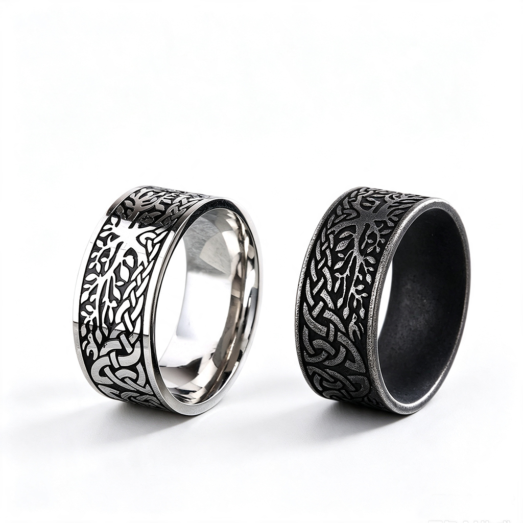 Vintage Solid Stainless Steel Celtic Knot Tree of Life Wide Band Ring for Men