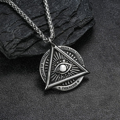Men's Steel Vintage All Seeing Eye Triangle Round Pendant Necklace