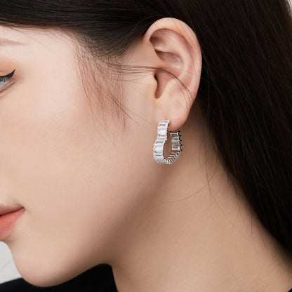 Women's Heart Hollow Huggie Earrings, Full Paved Rectangular Zirconia Inlaid, Premium Style, S925 with White Gold Plating