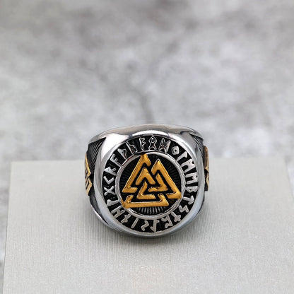 Vintage Nordic Solid Stainless Steel Viking Rune Triangle Ring for Men