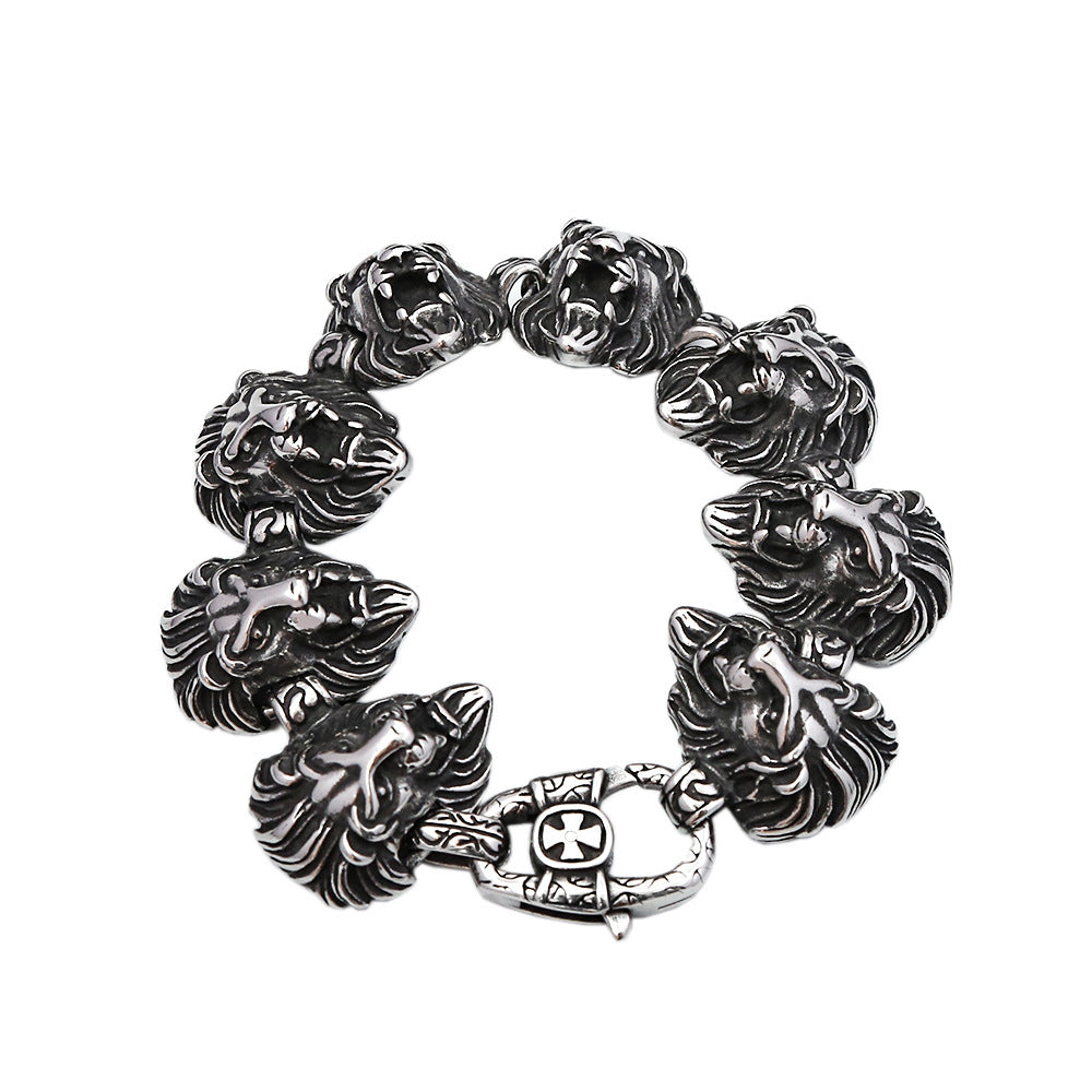 Vintage Bold Lion Head Cast Stainless Steel Men Bracelet, Personality Sculpted Open Cuff Wrist Jewelry