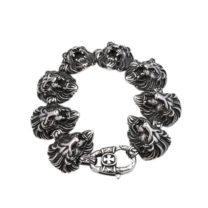 Vintage Bold Lion Head Cast Stainless Steel Men Bracelet, Personality Sculpted Open Cuff Wrist Jewelry