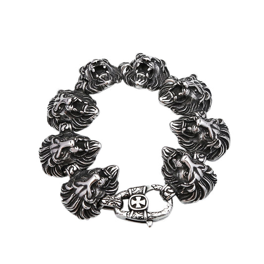 Vintage Bold Lion Head Cast Stainless Steel Men Bracelet, Personality Sculpted Open Cuff Wrist Jewelry