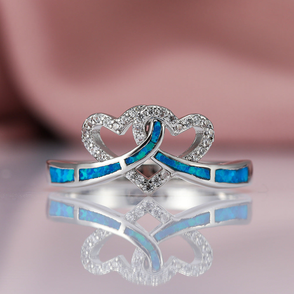 Women's Intertwined Double Heart Opal With Zirconia Ring