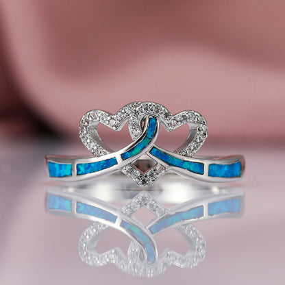 Women's Intertwined Double Heart Opal With Zirconia Ring