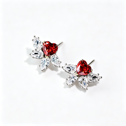 Women's Flower Stud Earrings, Red Heart Zirconia with White Marquise Zirconia, S925 with White Gold Plating