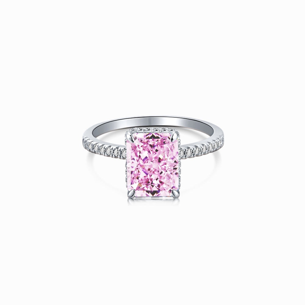Women's Square Ice Flower Cut Pink Sapphire Trendy Ring, S925 with White Gold Plating