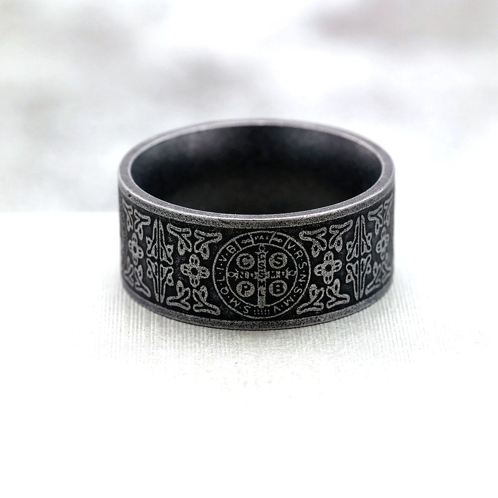 Vintage Solid Stainless Steel Dark Circle Saint Benedict Cross Ring for Men