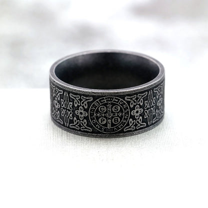 Vintage Solid Stainless Steel Dark Circle Saint Benedict Cross Ring for Men