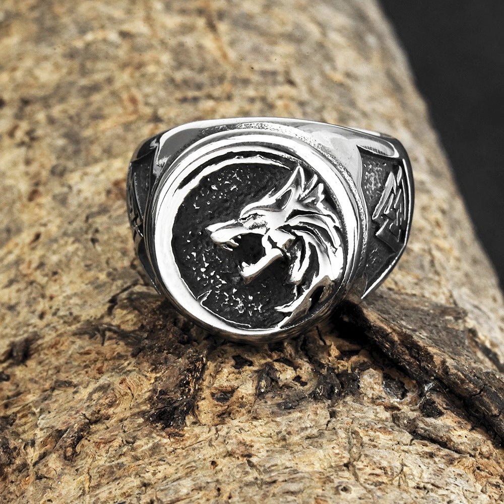 Vintage Solid Stainless Steel Norse Viking Wolf Head Valknut Triangle Band Ring for Men