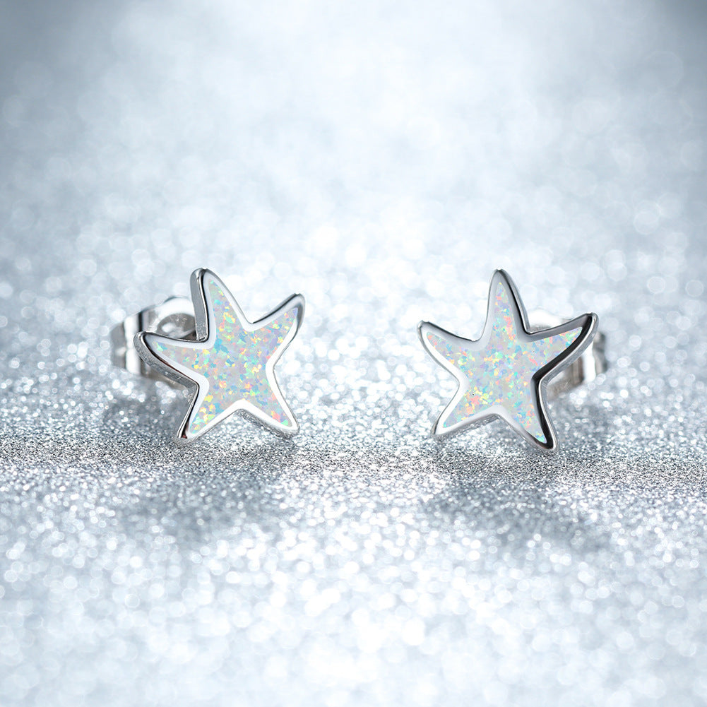 Women's Cute Starfish Shape Stud Earrings With White Opal Inlay, with Rose Gold Plating / with White Gold Plating