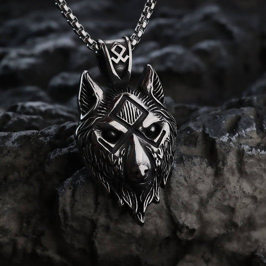 Vintage Stainless Steel Men's Viking Wolf Head Symbol Pendant Necklace