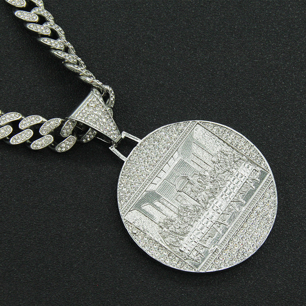 Hip-Hop Exaggerated Zircon-Encrusted Large Round Plate Last Supper Pendant Necklace