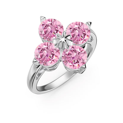 Women's S925 Silver White Gold Tone Ring, Pink Round Zircon Inlaid Four-Leaf Clover Eight-Pointed Star Ladies Fashion Ring