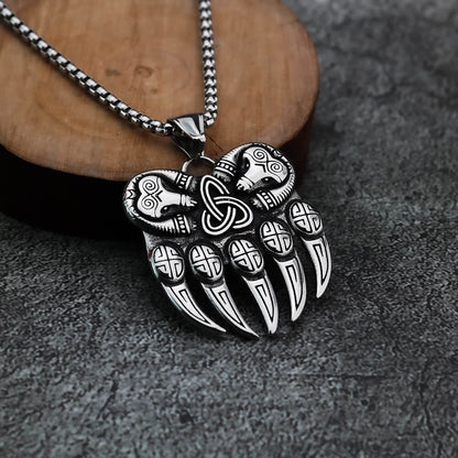 Vintage Stainless Steel Single Sided Celtic Knot Bear Paw Pendant Necklace for Men