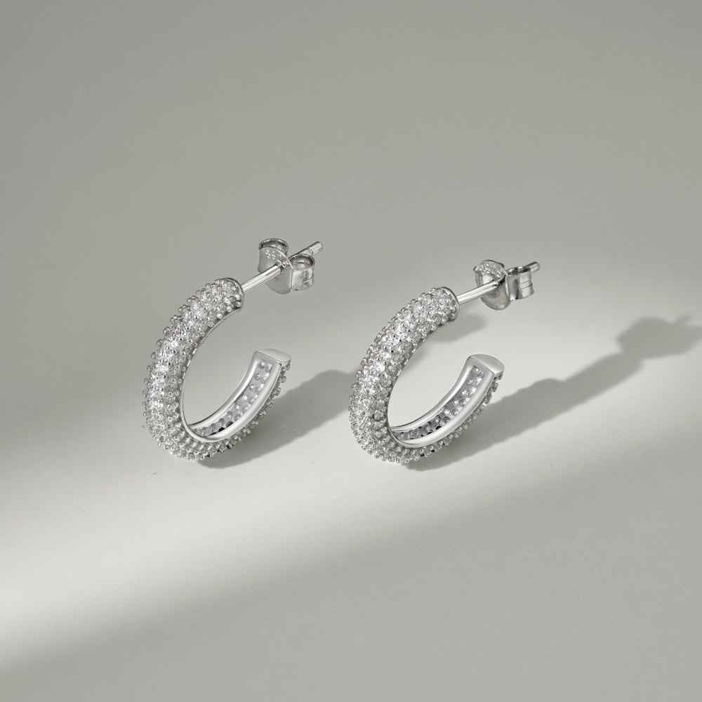 Women's Delicate11mm Round Huggie Earrings, Full Paved Round Zirconia, S925 with White Gold Plating