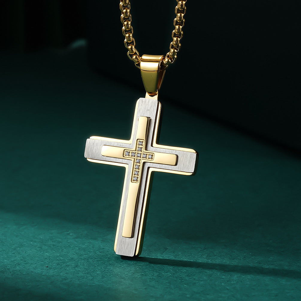 Men's Three-Layer Combined Zircon Stone Cross Pendant Necklace