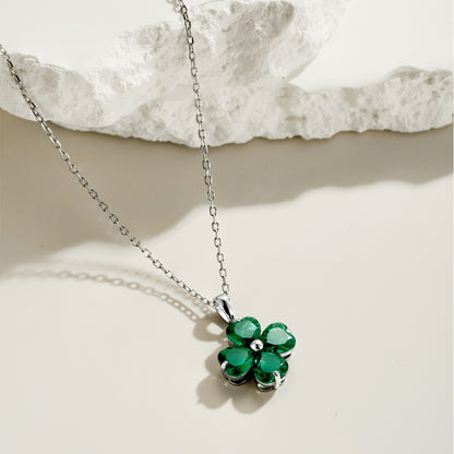 S925  Necklace, Inlaid Green Heart CZ and Four-Leaf Clover Round Beads, Niche Minimalist Versatile Jewelry