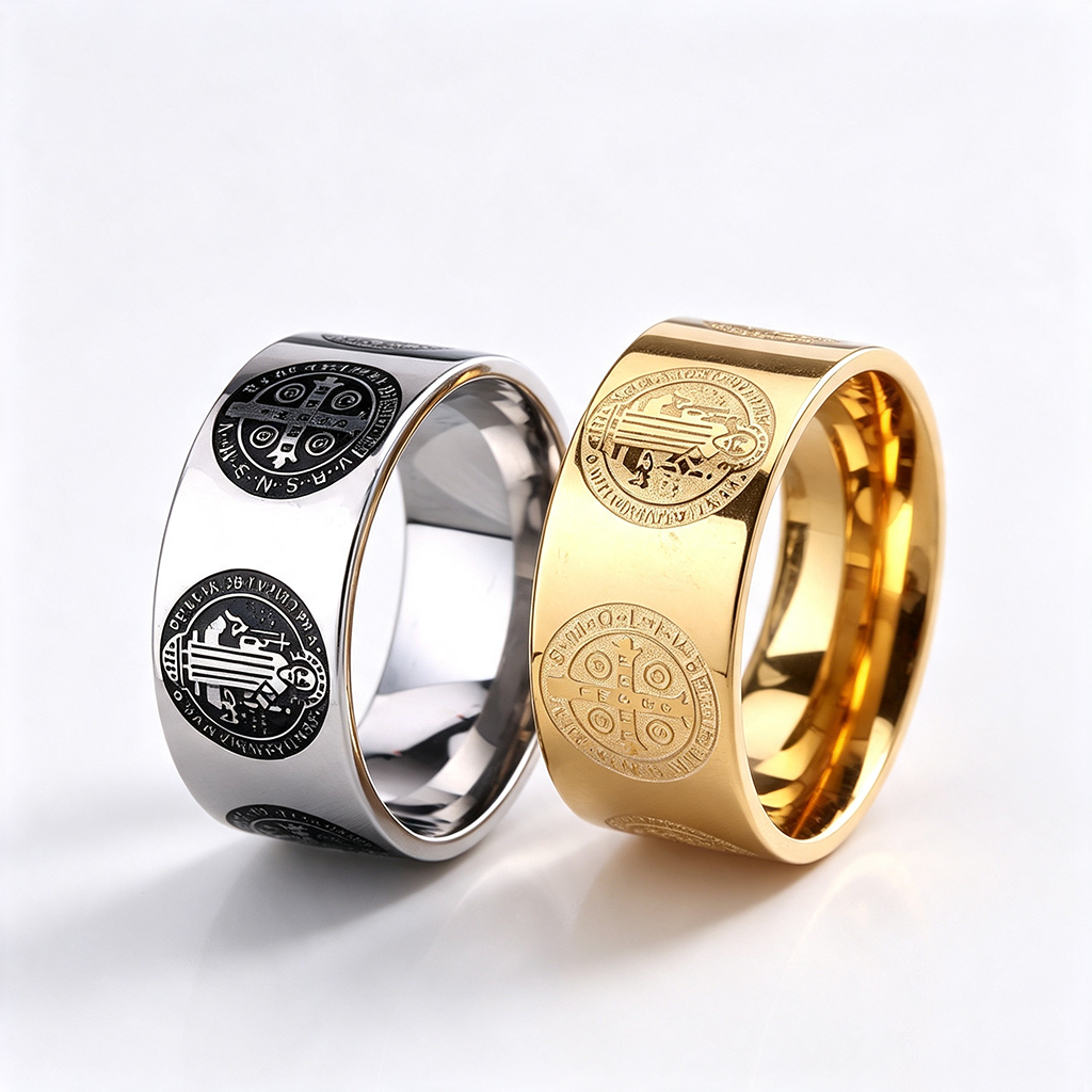 Vintage Polished Stainless Steel Saint Benedict Exorcism Cross Pattern Ring for Men