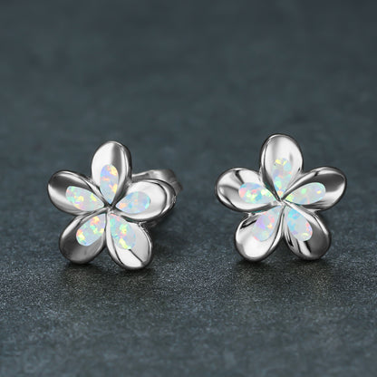 Women's 3D Five-Petal Flower Stud Earrings Inlaid With White & Blue Opal