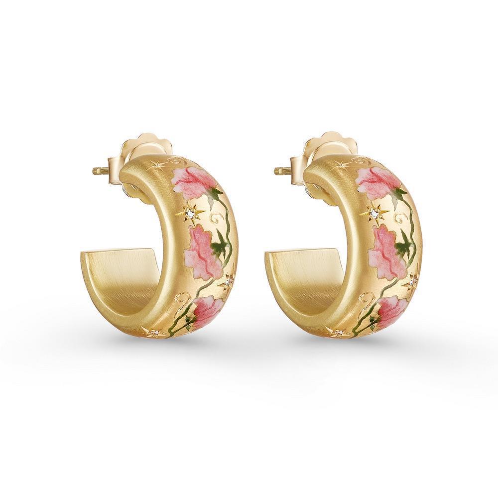 Women's Retro Palace‑Style Chinese Painted Flower Earrings, Steel with Gold Plating