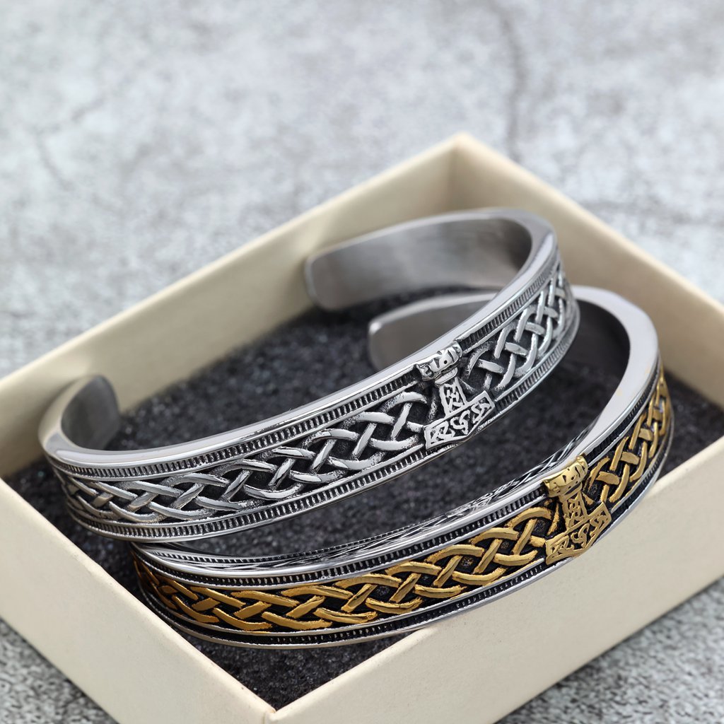 Nordic Retro Viking Mjolnir Stainless Steel C Cuff Men Bracelet