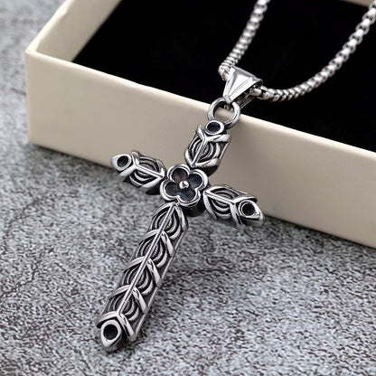 Vintage Stainless Steel Men's Double Sided Engraved Cross Pendant Necklace