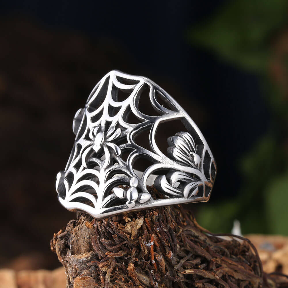 Vintage Solid Stainless Steel Hollow Spider Web Ring for Men