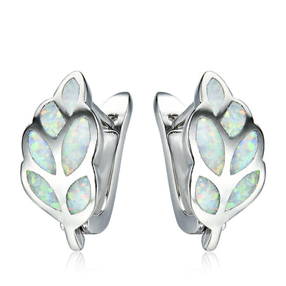 Women's Leaf‑Shaped Opal Huggie Clip‑on Earrings, with White Gold Plating