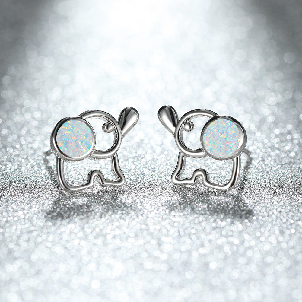 Women's Hollow Elephant‑Shape Stud Earrings, Blue Opal / White Opal Inlay