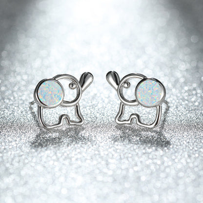 Women's Hollow Elephant‑Shape Stud Earrings, Blue Opal / White Opal Inlay