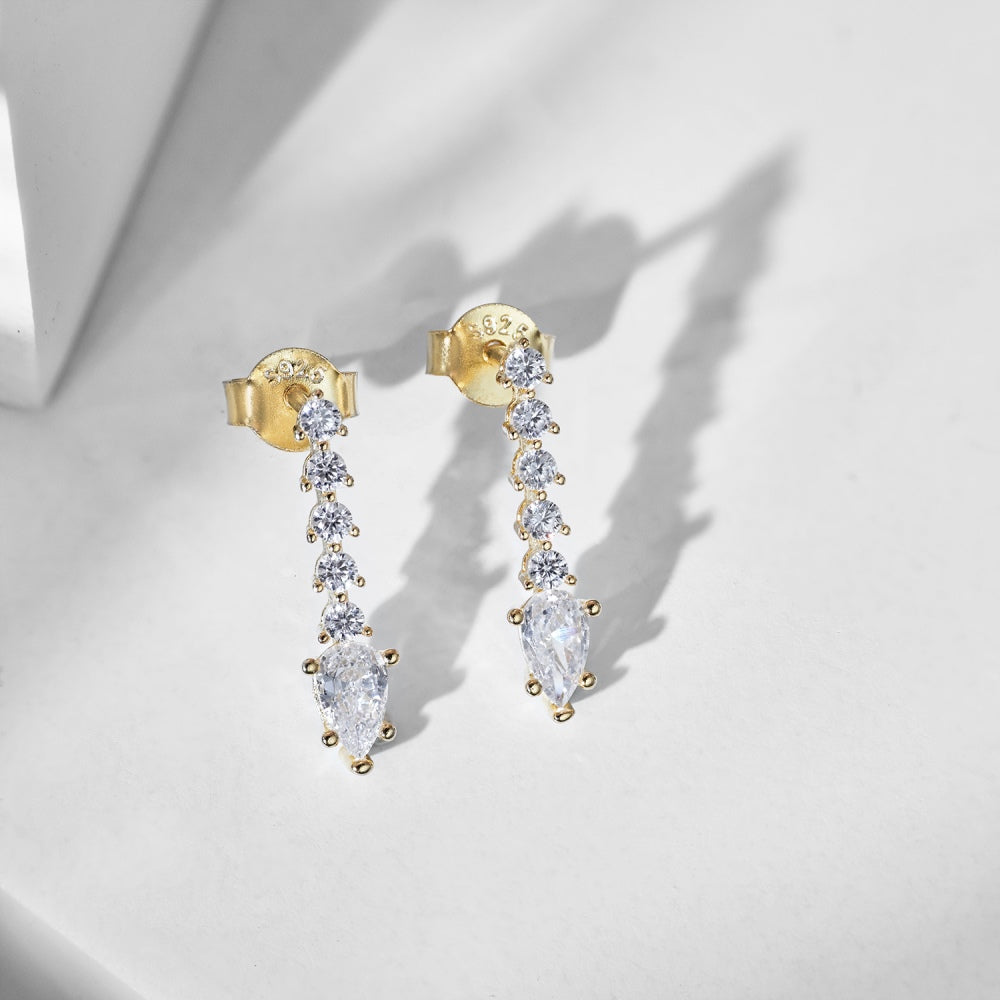 Women's Dangle Earrings, Pear Shape Main Stone Spliced With Drop & Round Colorless Zirconia Paved Setting, S925 with Gold Plating