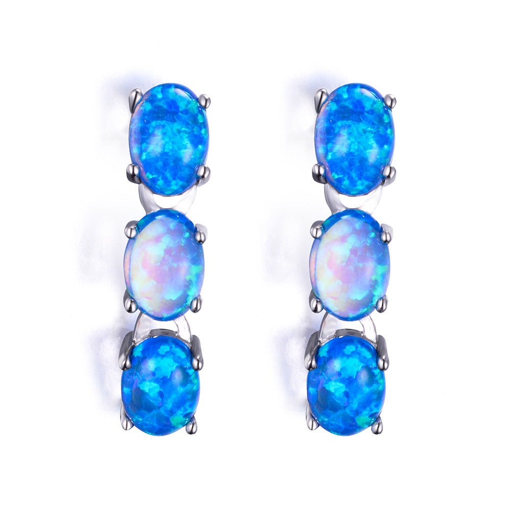 Women's Three‑Oval Opal Linked Dangle Drop Earrings, with White Gold Plating