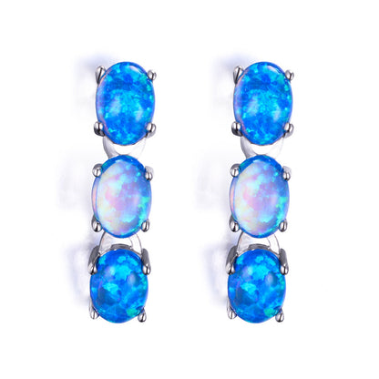 Women's Three‑Oval Opal Linked Dangle Drop Earrings, with White Gold Plating