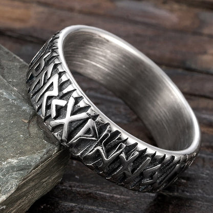Vintage Solid Stainless Steel Norse Viking Full Rune Engraved Narrow Band Circle Ring for Men